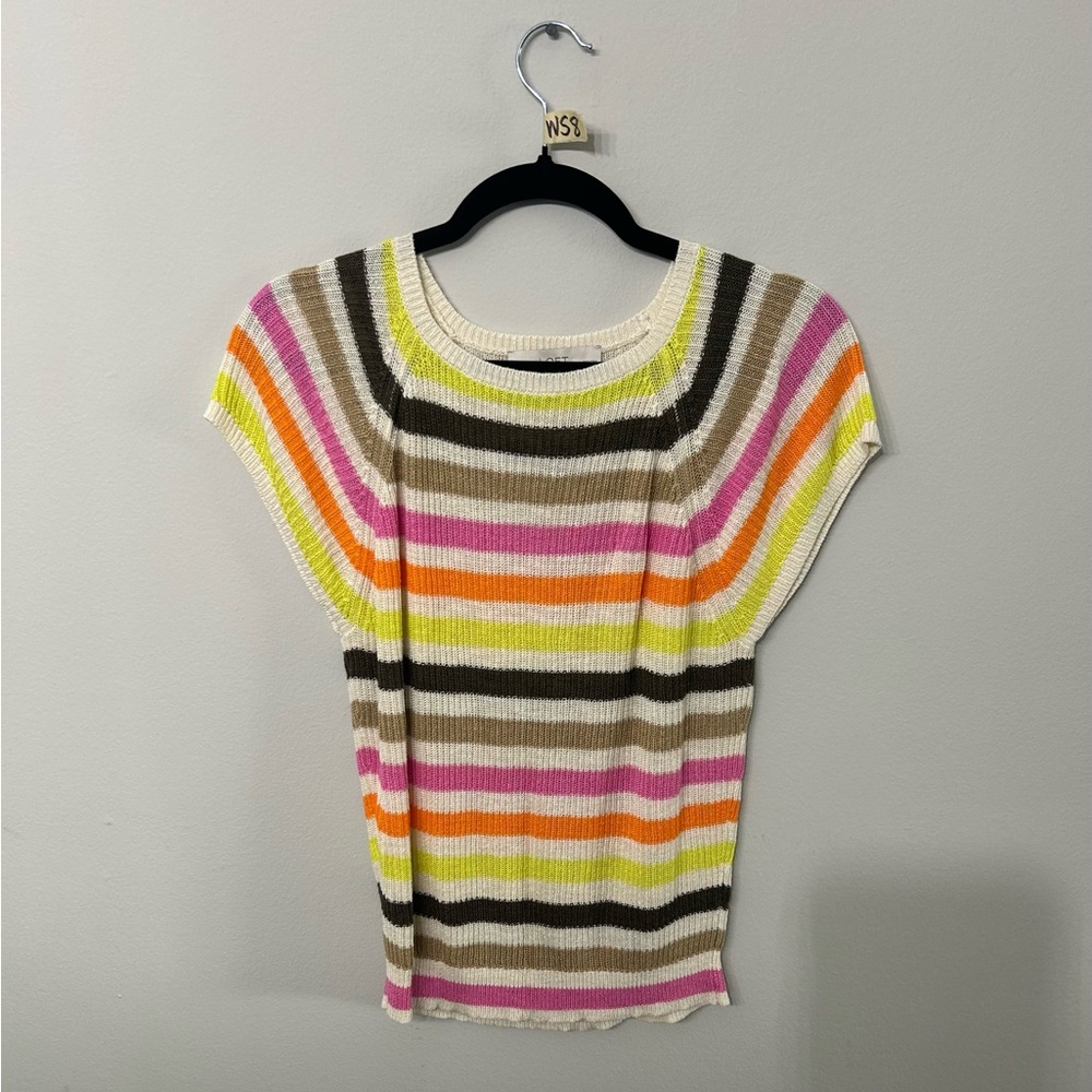 LOFT Striped Short Sleeve Knit Top in Pink, Orange, Yellow, Brown, Cream